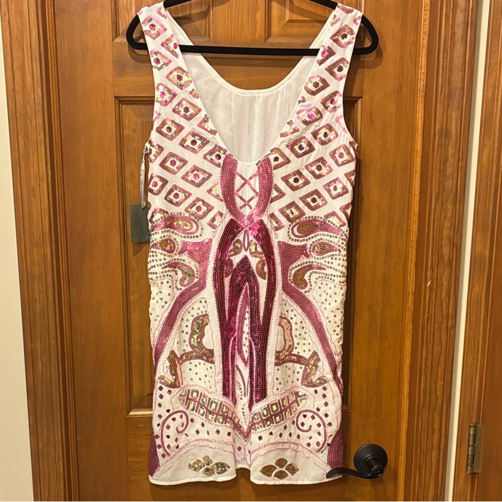 💗Marcella Elegant Pink White sequined Patterned tunic top M party cocktail